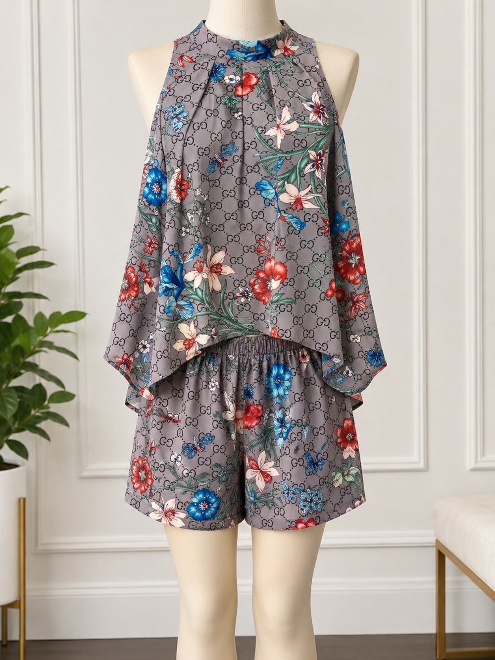 New FASHION outfit Floral Halter Sleep Set - Gray Multi